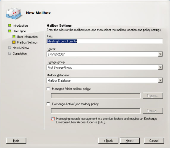 Hình 3: Chọn Server, Storage Group, cơ sở dữ liệu Mailbox và các chính sách trong suốt quá trình tạo mailbox.
