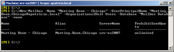 Hình 6: Tạo mailbox thông qua cmdlet New-Mailbox trong Exchange Management Console