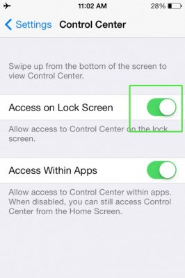Nhấn chọn tắt ở tùy chọn Access on Lock Screen. Vô hiệu Control Center tại màn hình Lock Screen của iOS 7