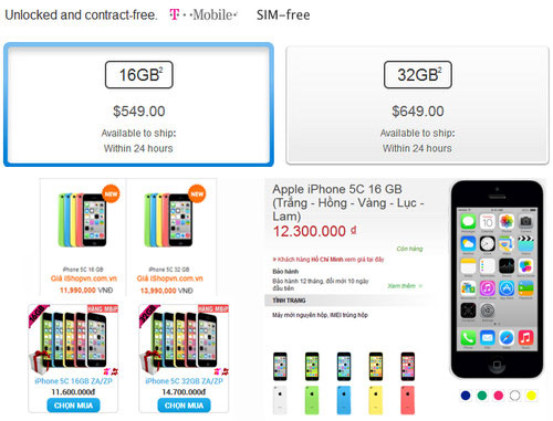 So sánh giá iPhone 5C iPhone 5C giảm giá ồ ạt