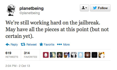 Tweet của hacker Planetbeing Evad3rs đã sẵn sàng jailbreak iOS 7