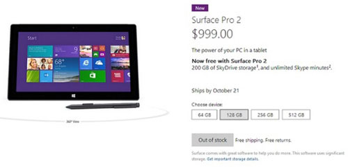 Surface Pro 2 với bộ nhớ trong 128 GB hiện đã ngừng cho đặt mua trước Surface Pro 2 bản 128 GB "cháy hàng"