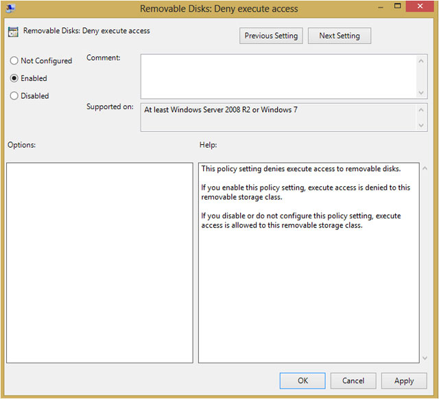 Nháy đúp vào Policy: Removable Disks: Deny Execute access, chọn Enable, Apply và OK. Thoát khỏi cửa sổ Quản trị chính sách.   "Tuyệt chiêu" diệt virus Autorun bằng tay
