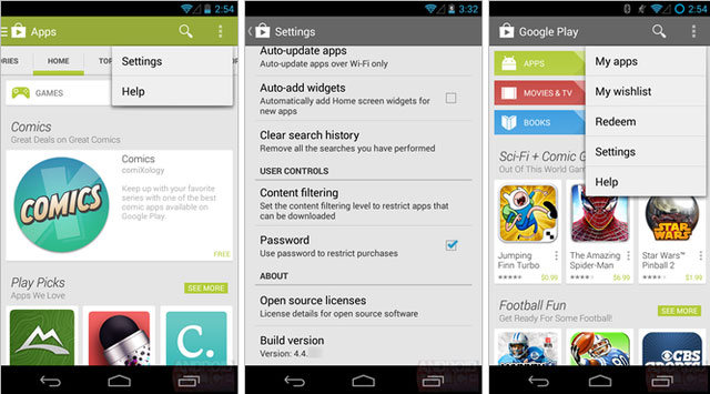 Hình trái và giữa là Play Store 4.4 còn hình bên phải là Play Store 4.3. Chợ ứng dụng Play Store sẽ có giao diện mới