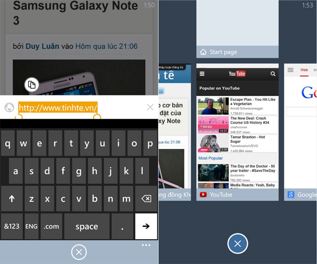 Thanh địa chỉ/tìm kiếm và giao diện quản lý các thẻ duyệt, lịch sử duyệt web. Trình duyệt Maxthon chính thức có mặt trên Windows Phone