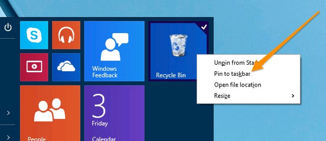 Pin Recycle Bin vào Taskbar Một số thủ thuật hay cho Windows 10 Technical Preview (Phần 2)