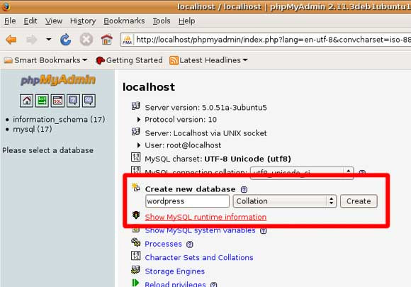tạo database mới tên là wordpress