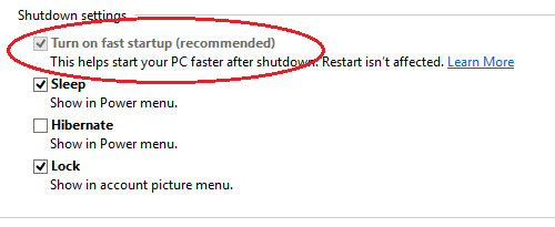 Chọn Turn on Fast Startup (Recommended) Vô hiệu tùy chọn Fast Startup trên Windows 8
