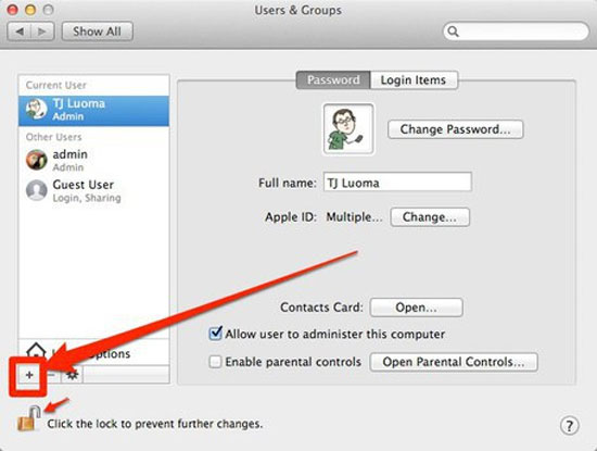 Mở mục User & Groups > nhấn vào nút dấu "+" Chặn truy cập website từ máy Mac