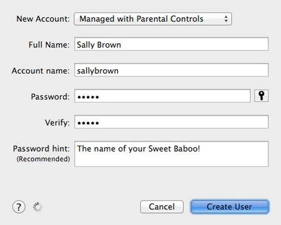 Trong mục New Account > chọn Managed with Parental Controls > Chọn Creat User Chặn truy cập website từ máy Mac