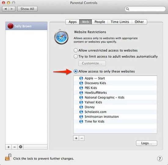 Chọn Allow access to only these websites Chặn truy cập website từ máy Mac