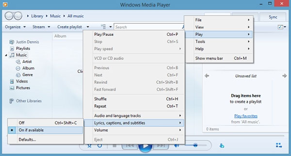 Trong giao diện Windows Media Player, bạn nhấn phải chuột vào nó và chọn Play > Lyrics, captions, and subtitles > On if available. Cách thêm Subtitles vào video khi xem trên Windows Media Player