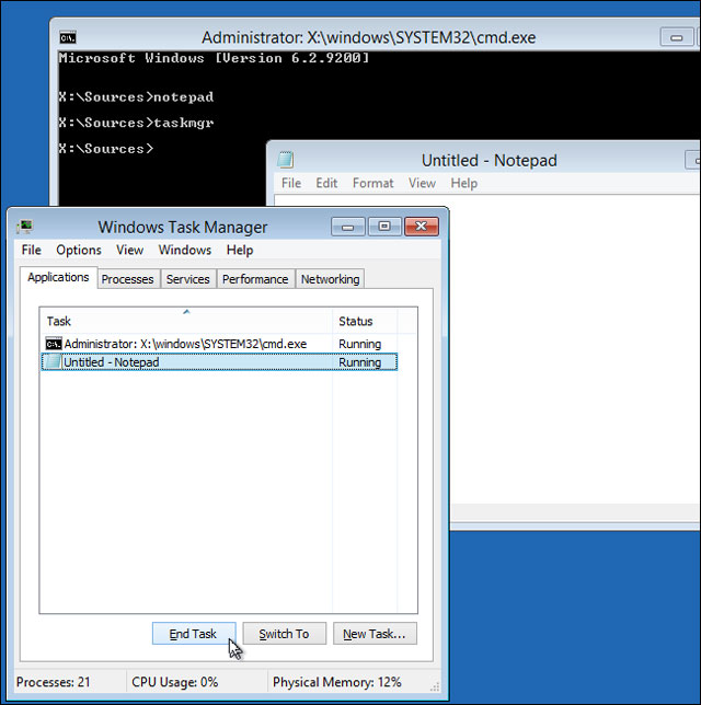 Kết liễu Notepad bị đóng băng và tái khởi chạy Notepad. Sử dụng đĩa cài đặt Windows để sao lưu các tập tin khi máy tính “chết”