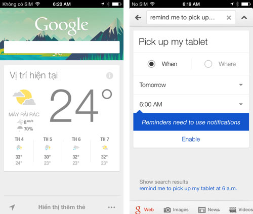 Cập nhật tính năng mới cho Google Now Google Now cho iOS cập nhật có khả năng gửi thông báo, cài đặt nhắc nhở