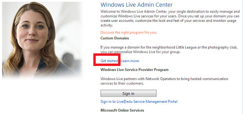 Click “Get Started” Sử dụng Email theo tên miền với Windows Live Admin Center của Microsoft