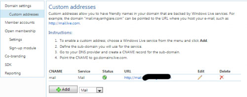 Nhấp chọn “Custom Addresses”, sau đó click "Add", và gõ: “Mail” Sử dụng Email theo tên miền với Windows Live Admin Center của Microsoft