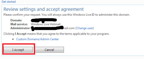 Xem lại các cài đặt và chấp nhận điều khoản dịch vụ Sử dụng Email theo tên miền với Windows Live Admin Center của Microsoft