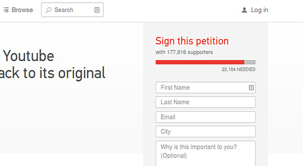 Ảnh chụp màn hình trang Change.org Cộng đồng mạng sôi sục với "luật" mới trên YouTube