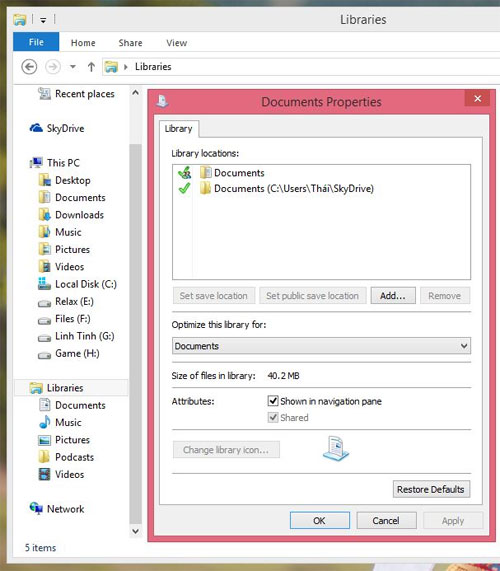 Nhấn phải chuột vào Libraries và chọn Properties Tăng thêm không gian lưu trữ cho Windows 8 bằng ổ nhớ SD