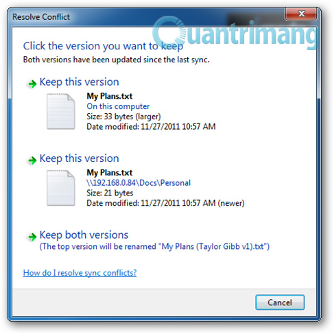 Thiết lập Offline Files: giải quyết xung đột file