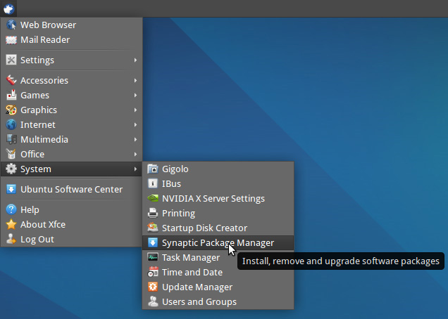 chọn System > Synaptic Package Manager