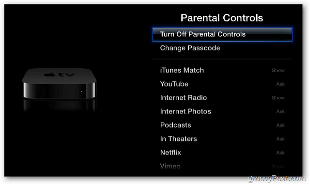 chọn Turn Off Parental Controls