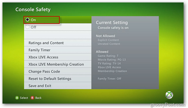 chọn On tại màn hình Console Safety