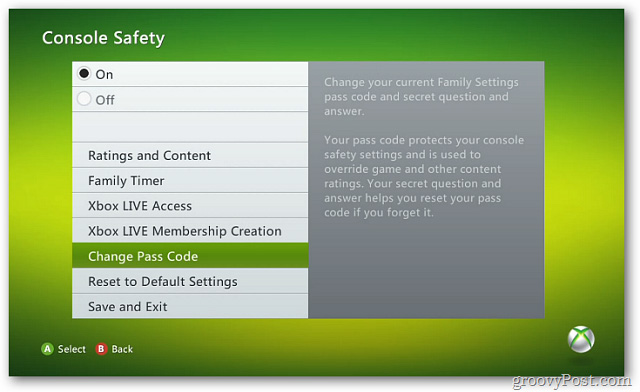 chọn Console Safety > Change Pass Code