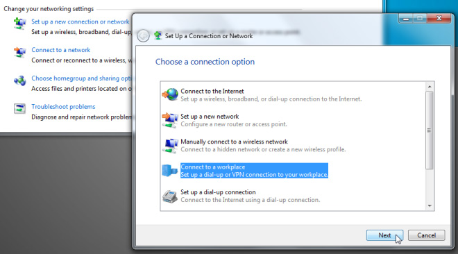 chọn Connect to a workplace