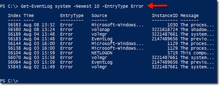 áp dụng cấu trúc Get-EventLog