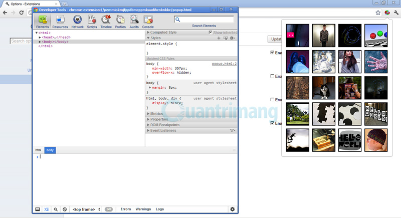 cửa sổ Developer Tools hiển thị