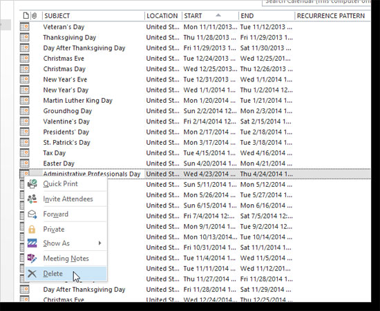 Thêm và hủy bỏ ngày nghỉ vào Lịch trong Outlook 2013