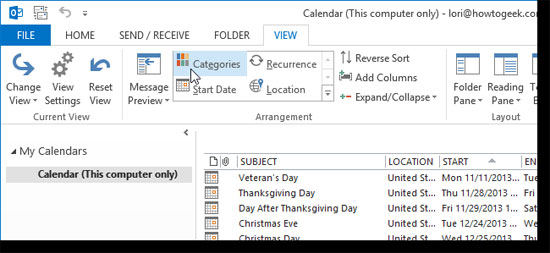 Thêm và hủy bỏ ngày nghỉ vào Lịch trong Outlook 2013