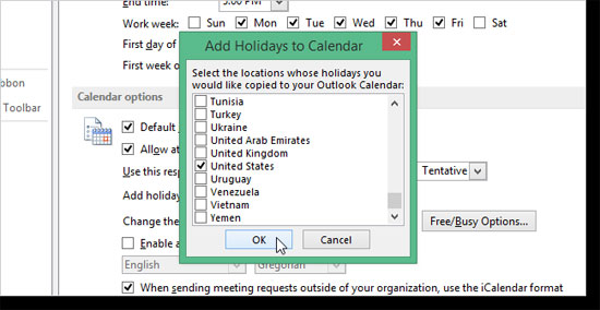 Thêm và hủy bỏ ngày nghỉ vào Lịch trong Outlook 2013