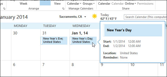 Thêm và hủy bỏ ngày nghỉ vào Lịch trong Outlook 2013