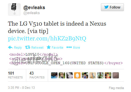 Thông tin được @evleaks chia sẻ trên Twitter Máy tính bảng Google Nexus 8 sẽ do LG sản xuất