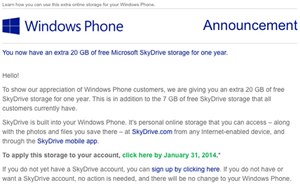 Microsoft tặng người dùng Windows Phone thêm 20 GB lưu trữ SkyDrive