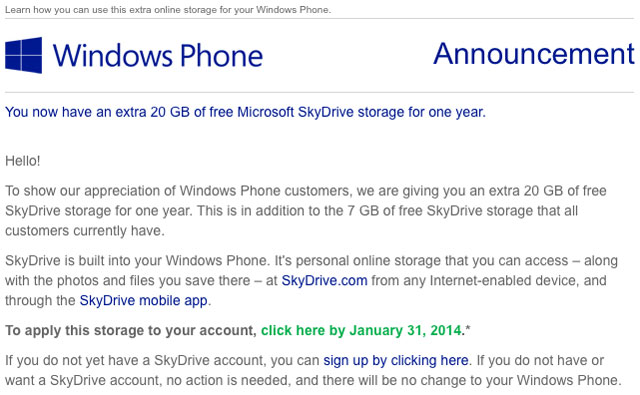 Chiến lược microsoft Microsoft tặng người dùng Windows Phone thêm 20 GB lưu trữ SkyDrive