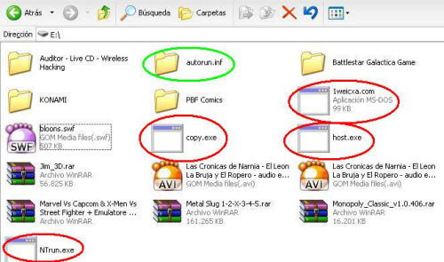 Vòng tròn màu đỏ là các tập tin, thư mục chứa virus autorun Để máy tính luôn an toàn khi gắn USB