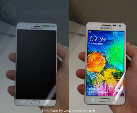 Hình ảnh rò rỉ được cho là Samsung Galaxy S6 (bên trái) hóa ra lại là ảnh photoshop của Samung Galaxy Alpha.