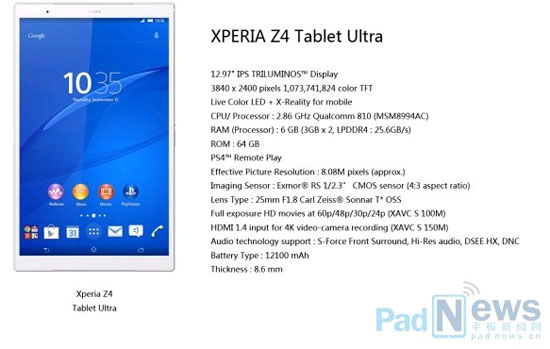 Thông tin về Sony Xperia Z4 Tablet Ultra Sony Xperia Z4 Tablet Ultra sẽ có màn hình 4K, RAM 6 GB
