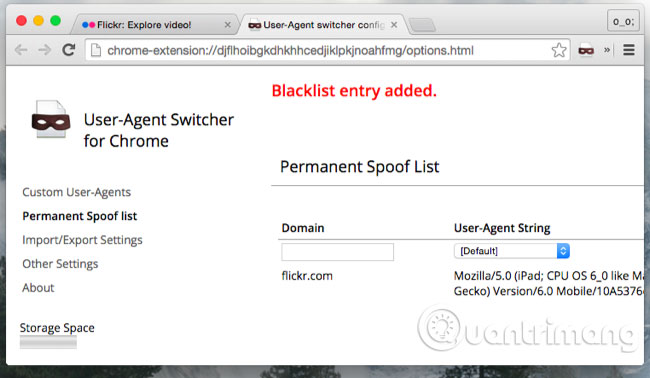 Làm thế nào để xem video trên web sau khi đã gỡ Flash Giao diện tiện ích User Agent Switcher for Chrome