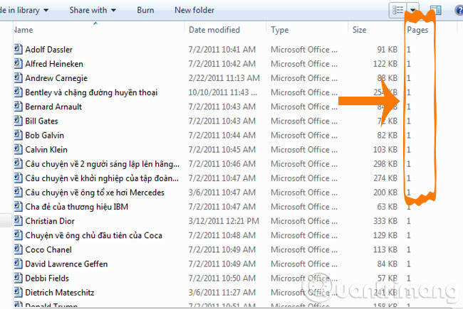Xem nhanh tổng số trang của nhiều file Word Thư mục chứa file Words sẽ xuất hiện cột tổng số trang