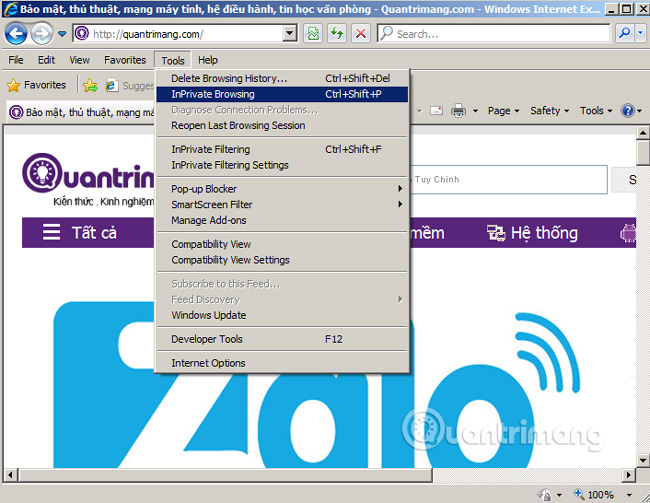 Mở chế độ Private trên IE