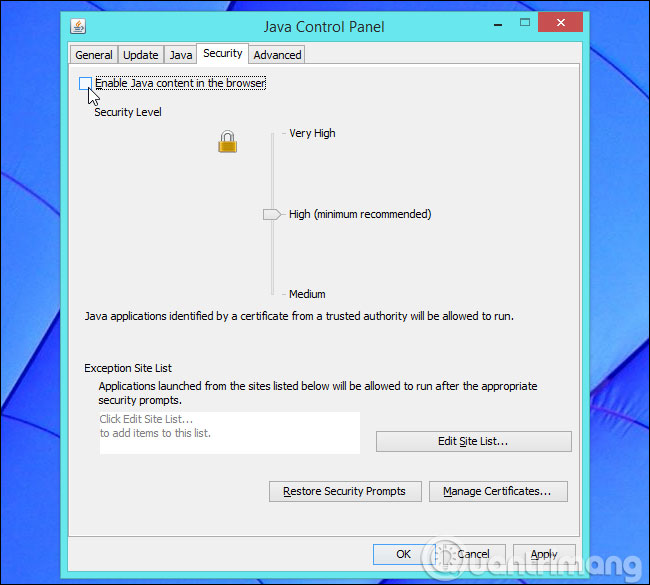 Vô hiệu hoá Java Plug-in