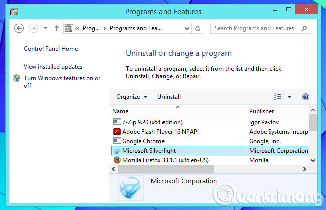 Gỡ bỏ Silverlight trong Control Panel