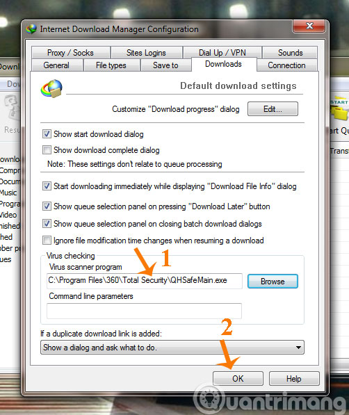 Thiết lập chế độ diệt virus tự động sau khi tải file từ IDM Cửa sổ Virus scanner program xuất hiện, tìm tới chương trình diệt virus cài đặt trên máy tính