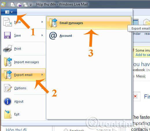 Mở Windows Live Mail lên, trên giao diện chính của ứng dụng nhấn vào biểu tượng nút xổ xuống ở góc trên cùng bên trái màn hình (như hình dưới), sau đó di chuột vào dòng Export email, chọn Email messages