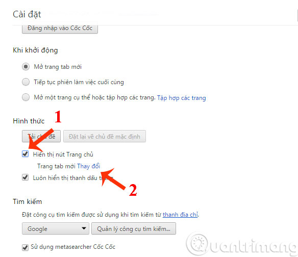 Cửa sổ Cài đặt hiện ra, ở mục Hình thức bạn tích chọn vào ô  Hiển thị nút trang chủ, sau đó nhấn vào Thay đổi ở ngay bên dưới
