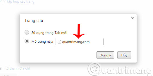 Trong cửa sổ Trang chủ mới hiện ra, tích chọn vào Mở trang này và nhập tên trang web vào rồi nhấn OK để lưu lại thiết lập.
